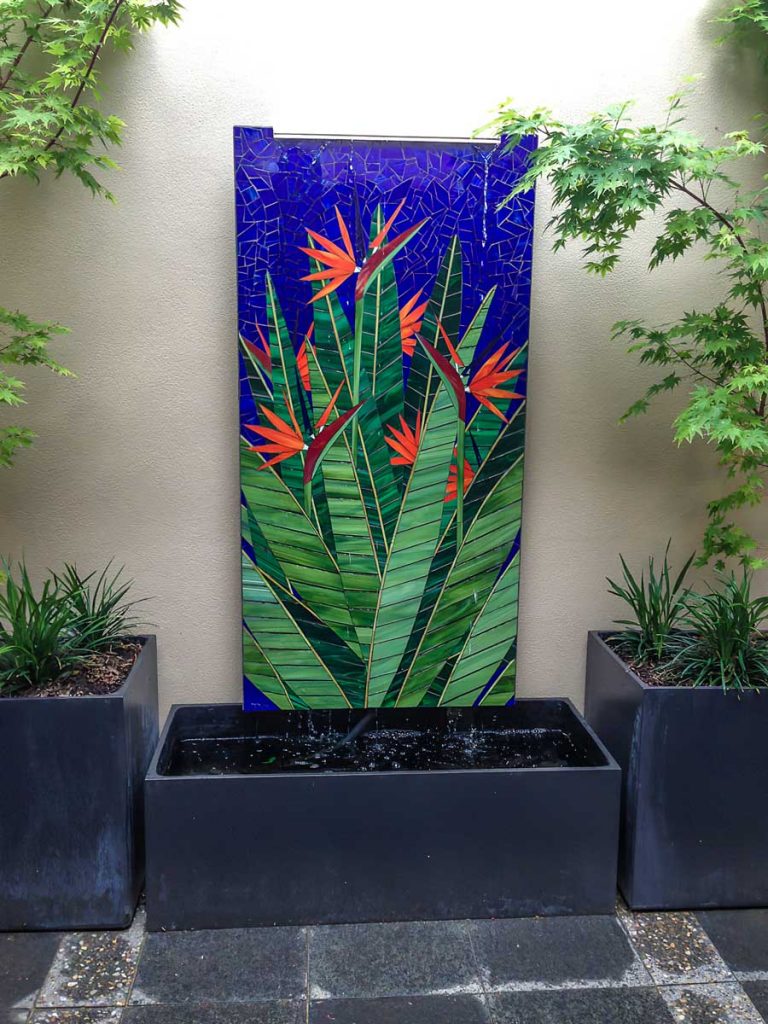 Bird of Paradise Water Feature
.9m x 1.8m stained glass mosaic. Private Commission - North Adelaide