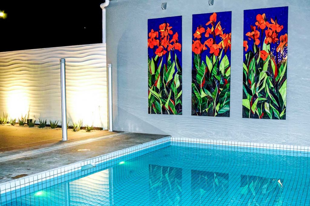 Canna Lily Triptych
3 x 1.75m x .7m Canna Lily stained glass mosaic panels. Private commission Glenelg.