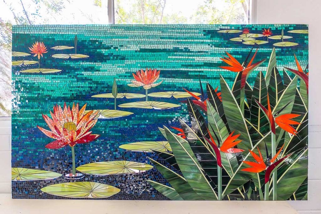 Water Lily and Bird of Paradise mosaic
1.75m x 1.1m stained glass mosaic Private Commission