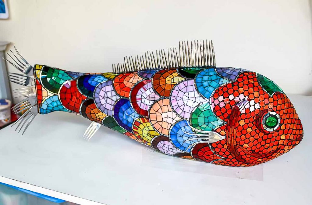 Artist: Erika Brolese
Mosaic Fish Sculpture
Tuesday morning mosaic classes at The Glass Emporium