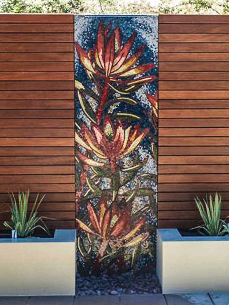 Leucadendron Water Feature
1.8m x .8m stained glass mosaic water feature Private commission - Aldgate