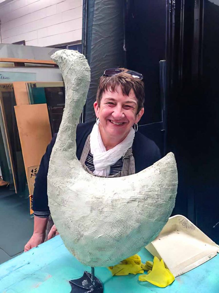 Artist: Lyn Coad
Working on her Goose sculpture.
Monday mosaic classes at The Glass Emporium