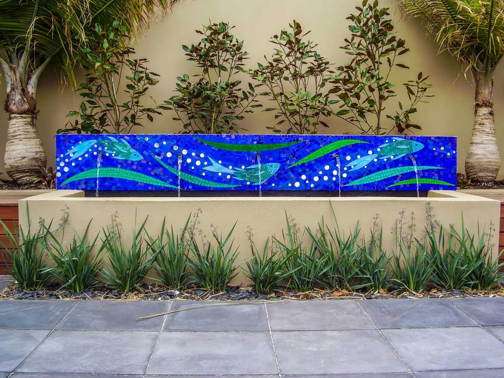 Fish and Wave Water Feature
2.4m x .4m stained glass and mirror mosaic. Private commission - Somerton Park