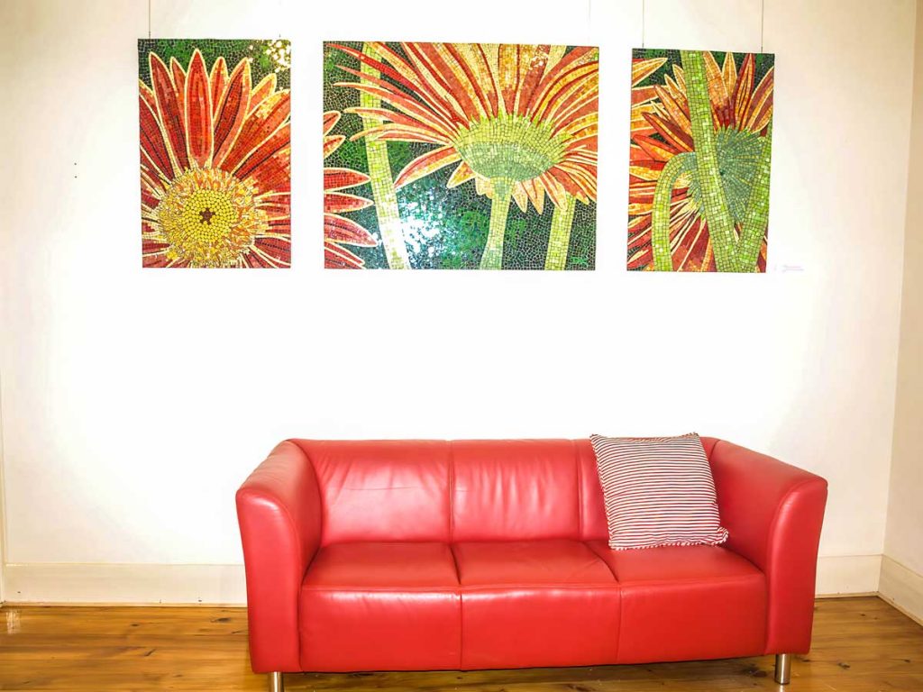 Red Gerbera Triptych
1 x 1.2m x 0.9m x 0.6m stained glass mosaic triptych. For Sale - suitable for outdoor installation