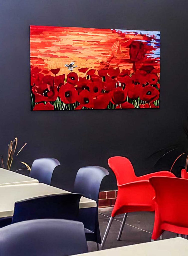Field of Poppies with a Soldier's Spirit in the Sky
1.65m x 0.9m stained glass mosaic commissioned by the Radiology Department of the Repatriation and General Hospital - Daw Park. The white poppy represents an x-ray of a poppy (the company logo)