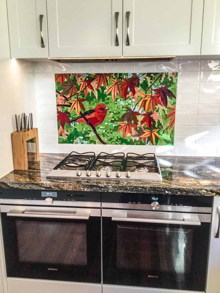 Robin Red Breast Kitchen Splashback 0.915m x 0.543m stained glass mosaic. Private Commission: Victoria