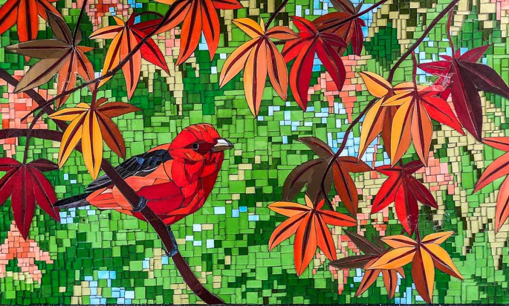 Robin Red Breast Kitchen Splashback 0.915m x 0.543m stained glass mosaic. Private Commission: Victoria