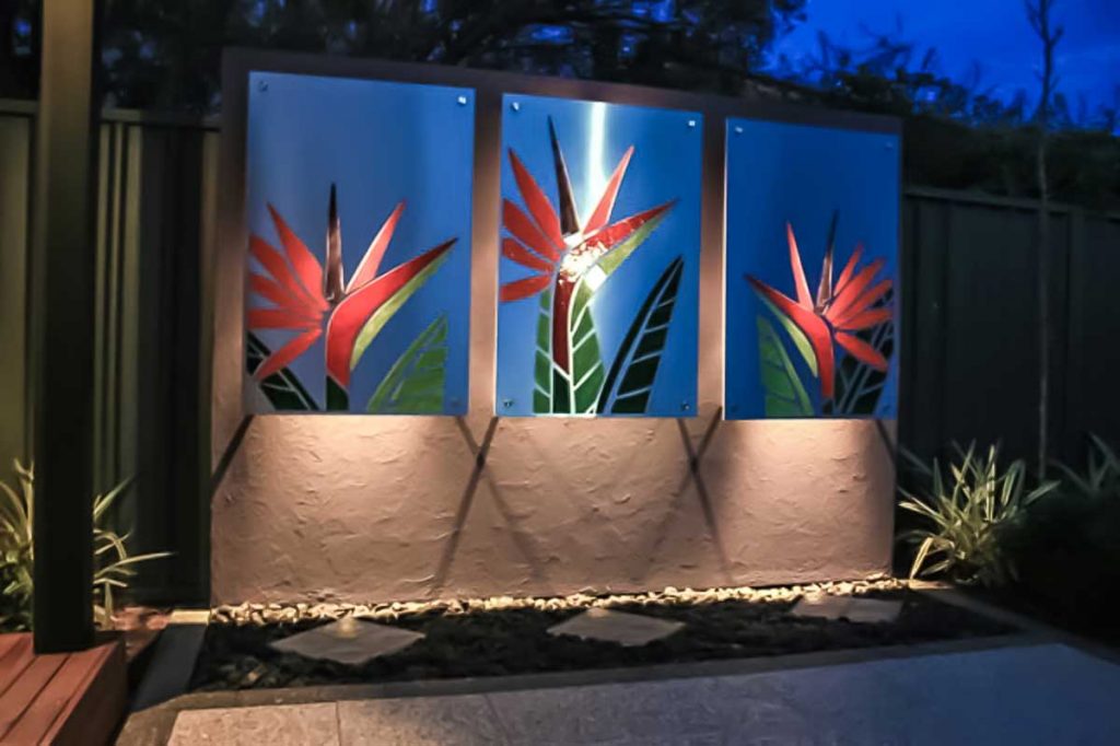 Stainless Steel and Mosaic Bird of Paradise Triptych
3 x .8m x 1.2m water jet cut stainless steel with mosaic inlay. Private commission - Vale Park
