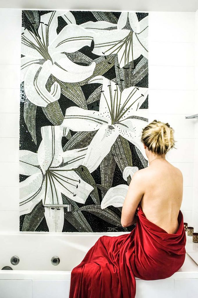 Lilium Shower Mosaic 
1.8m x 1.2m stained glass and mirror mosaic