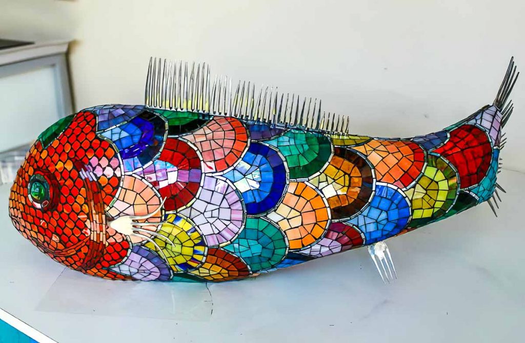 Artist: Erika Brolese
Mosaic Fish Sculpture
Tuesday morning mosaic classes at The Glass Emporium