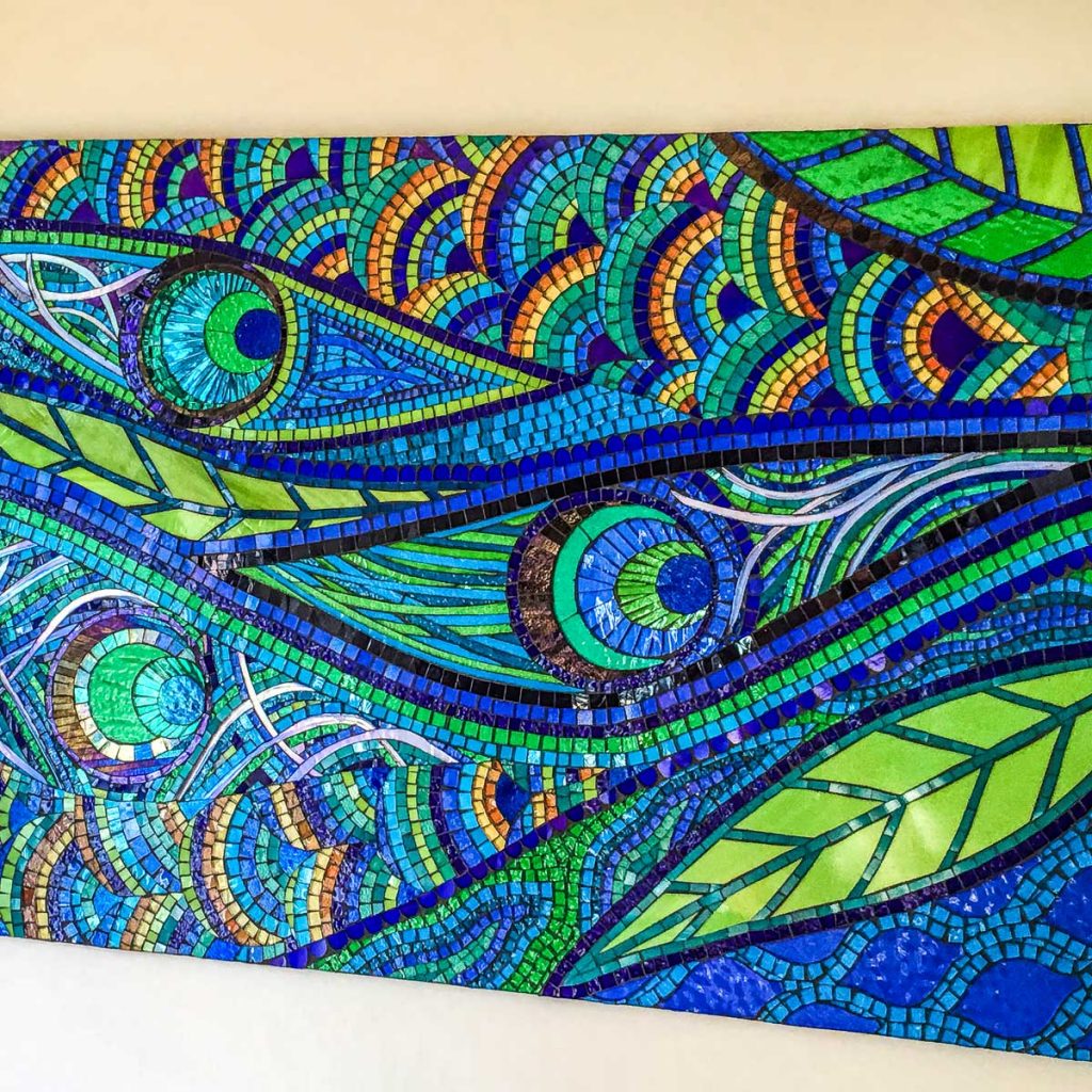 Peacock Feathers
90cm x 70cm stained glass mosaic (Suitable for Outdoors)