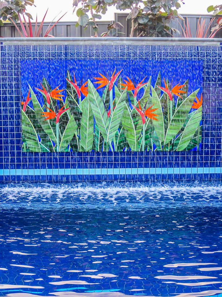 Bird of Paradise Water Feature
1.8m x 1.1m stained glass mosaic. 
Private commission - St Georges