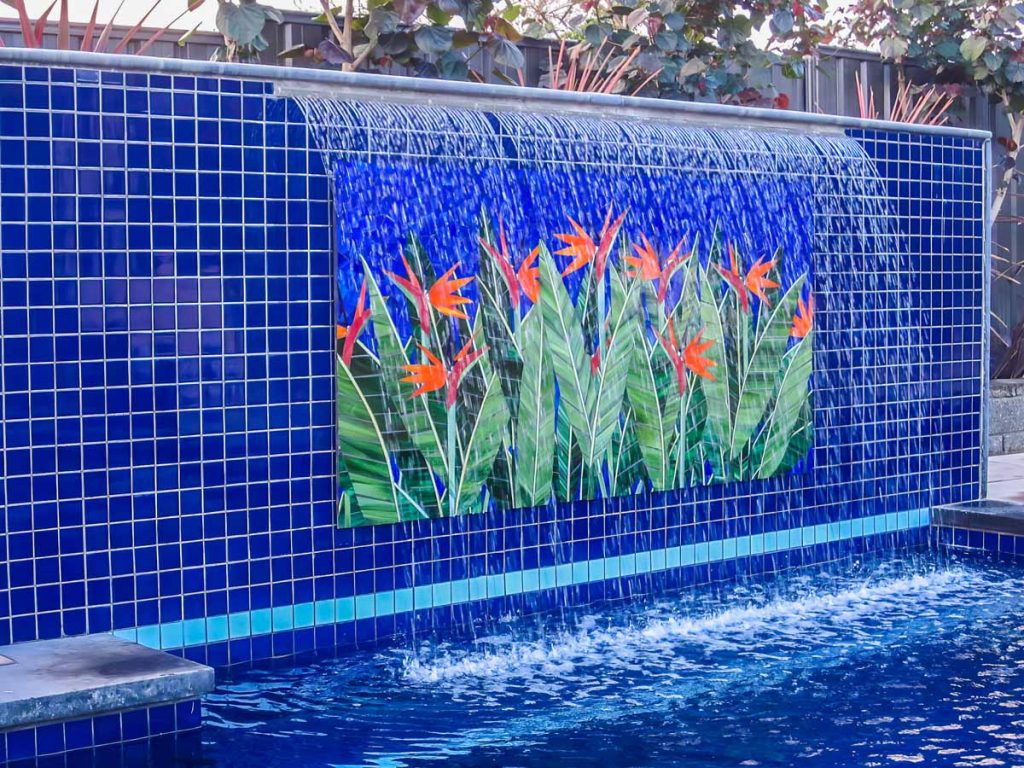 Bird of Paradise Water Feature
1.8m x 1.1m stained glass mosaic. 
Private commission - St Georges