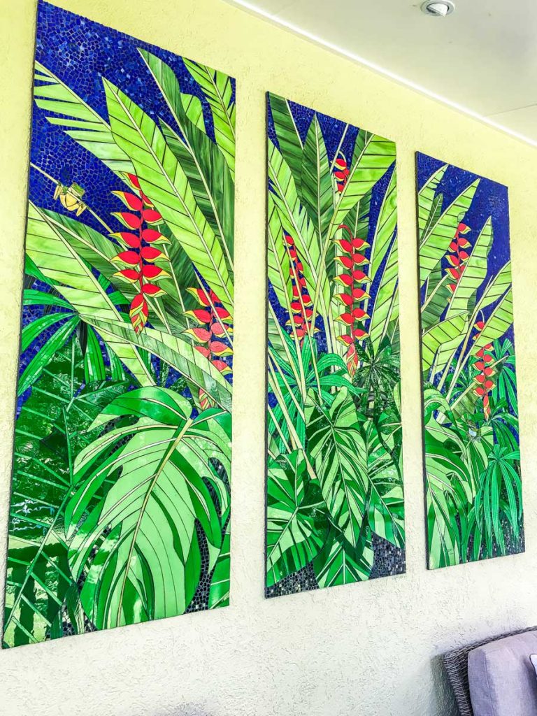 Heliconia Triptych
3 x 1.7m x .7m stained glass Heliconia mosaic panels. Private commission Cairns North Queensland