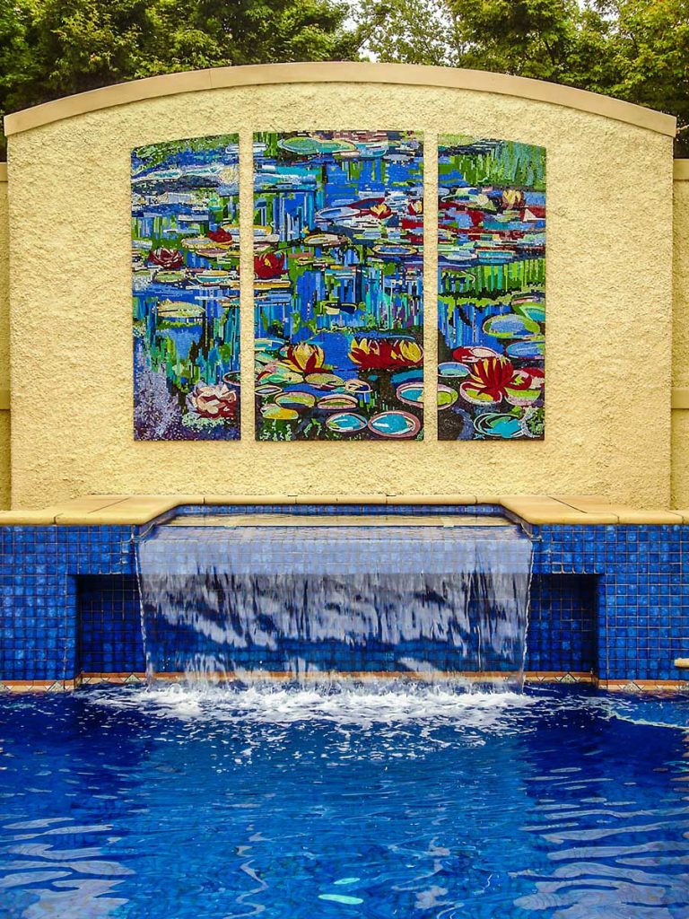 Monet Inspired Water Lily Mosaic
1 x 2.2m x 1.2m and 2 x .7m x 1.2m stained glass mosaic. Private commission - Urrbrae