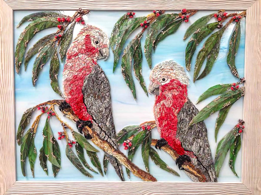 Artist: Marilla Ormond's stained glass and smalti Galah mosaic. Monday afternoon mosaic classes at The Glass Emporium