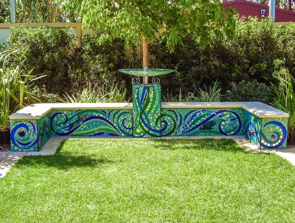 Garden Seat Water Feature
Stained glass mosaic garden seat with water feature 6 square m Private commission - Westbourne Park