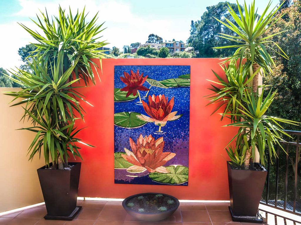 Red Water Lily Mosaic
1.6m x .9m stained glass and mirror mosaic. Private commission - Waterfall Gully