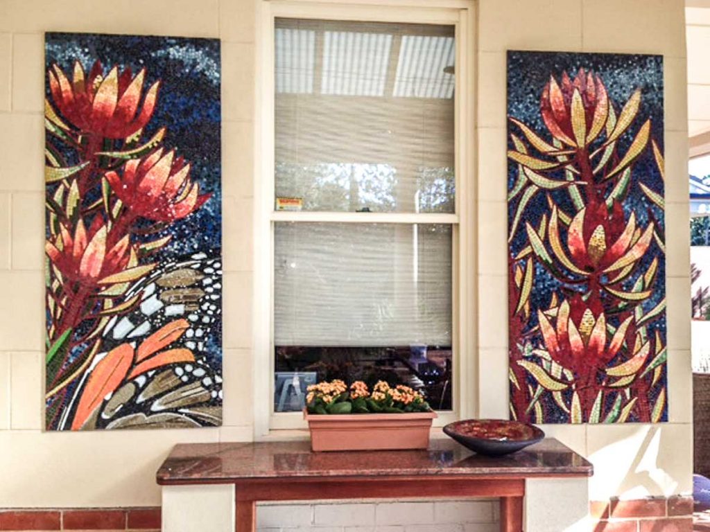 Leucadendron and Monarch Butterfly Triptych
2 of 3 stained glass mosaic panels 1.5m x .65m Private commission - Seacliff